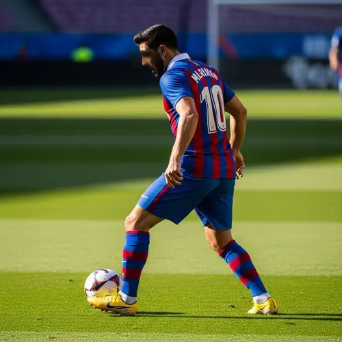 Professional Soccer Player in Action: Blue and Red Jersey with Number 10