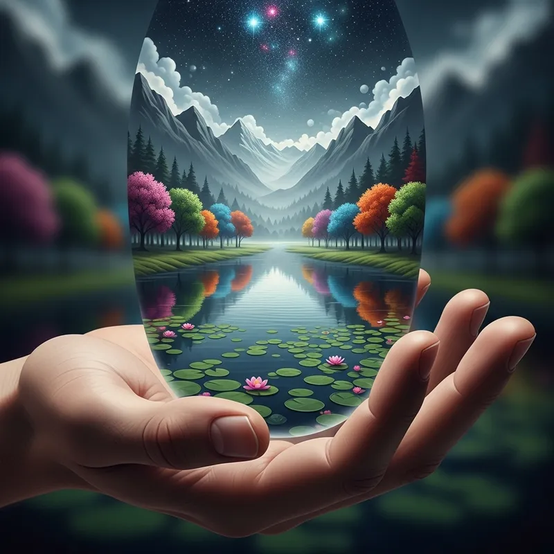 Dream Landscape Grasped: Hand Holding Mystical Product Dream Landscape Grasped: Hand Holding Mystical Product