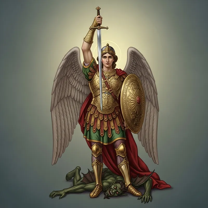 Archangel Michael in Elaborate Gold Armor Defeating Demon