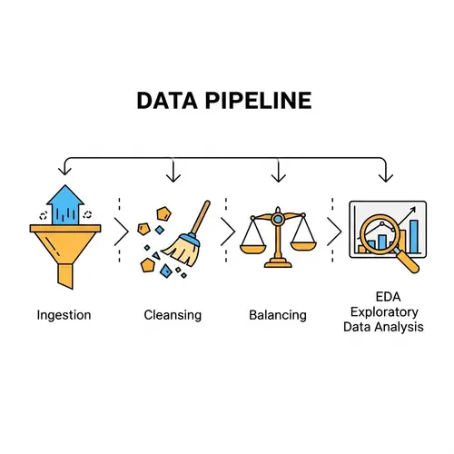 Data Pipeline Icon: Ingestion, Cleansing, Balancing, EDA