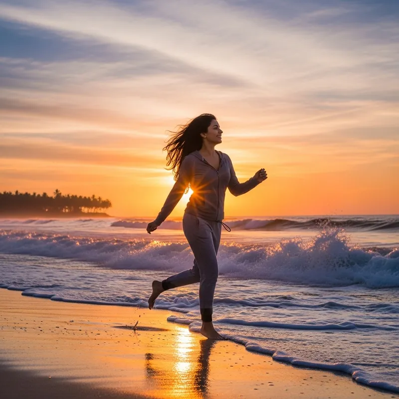 Captivating Woman Running on Beach at Sunset