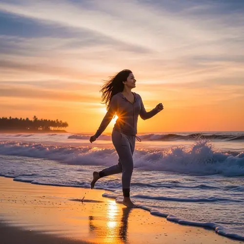 Captivating South Asian Woman Joyfully Running on Stunning Beach