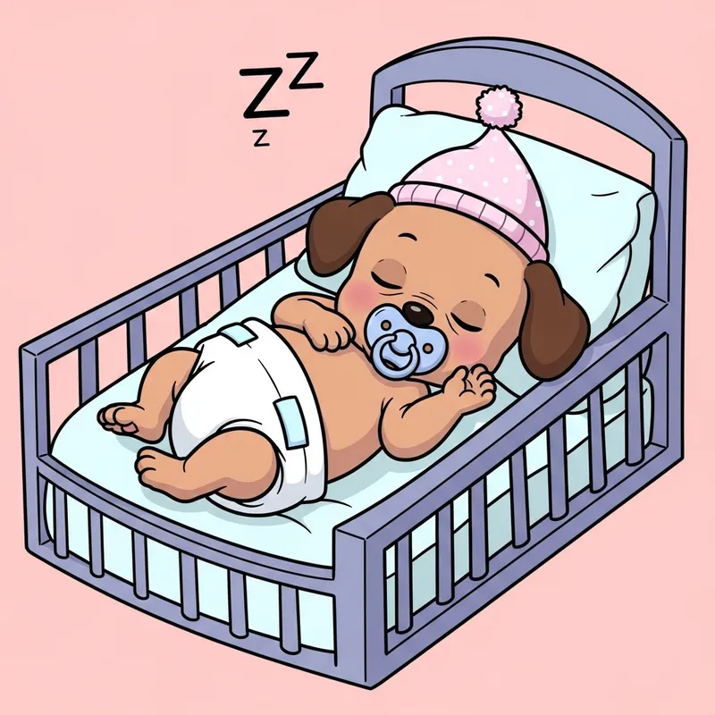 Newborn Snoopy in Diapers with Pacifier Sleeping in Crib | 1-Month-Old Baby Dog Cartoon