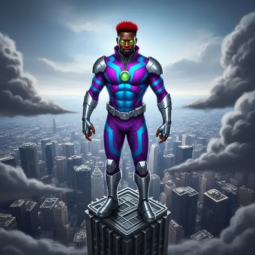 Male Black Supervillain with Red Spiky Hair Conquering City