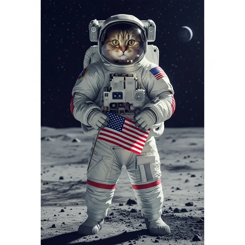 Feline Astronaut on Moon Holding American Flag | Hyperrealistic Spacescape
