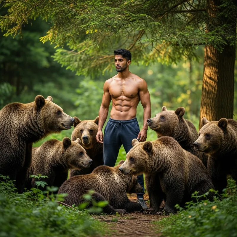 South Asian Man Bonds with Bears in Forest