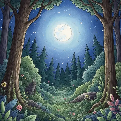 Mystical Moonlit Forest Scene | Celestial-Themed Artwork
