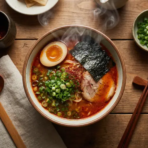 Delicious Spicy Ramen Bowl with Vibrant Toppings