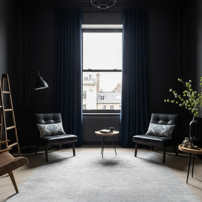 Mysterious Black Room with Gray Rug and Navy Blue Curtains