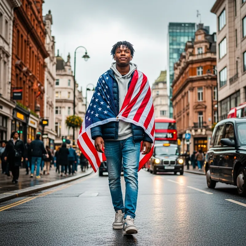 Young Black Male Student in London with American Flag