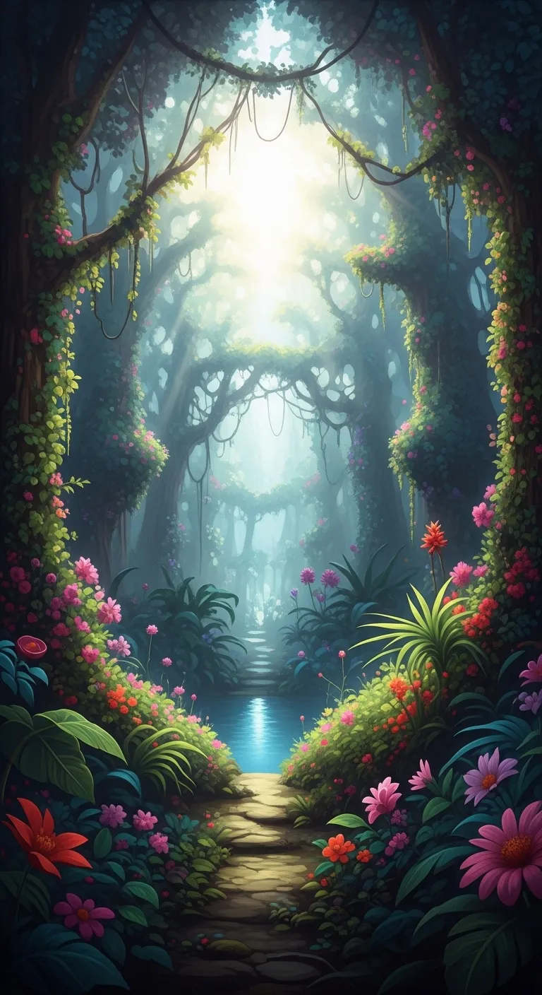 Enchanting Jungle Oasis: Ethereal Glow and Exotic Beauty