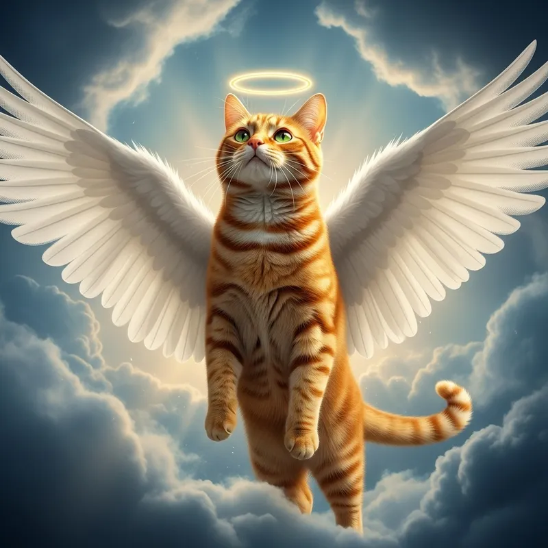Red Cat with Angel Wings, Wrapped in Bandages, Ascending to Clouds of Holiness