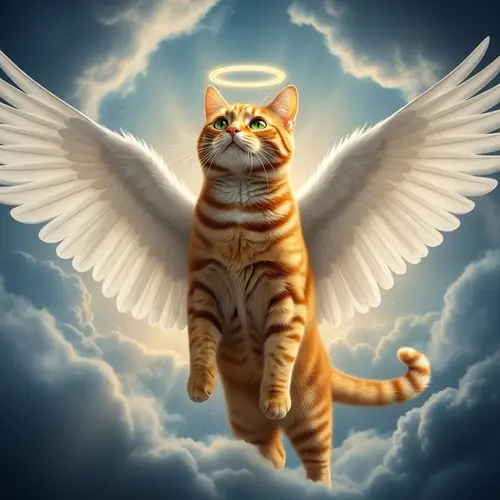 Red Cat with Angel Wings Ascending towards Sainthood