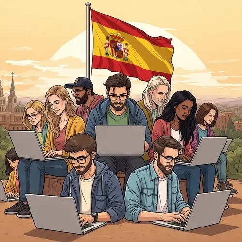Diverse Group of Digital Nomads in Spanish Landscape - Illustration
