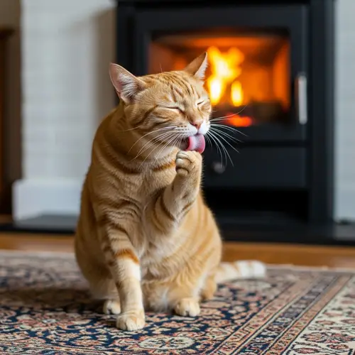 Playful Orange Tabby Cat Grooming | Cozy Fireplace Scene