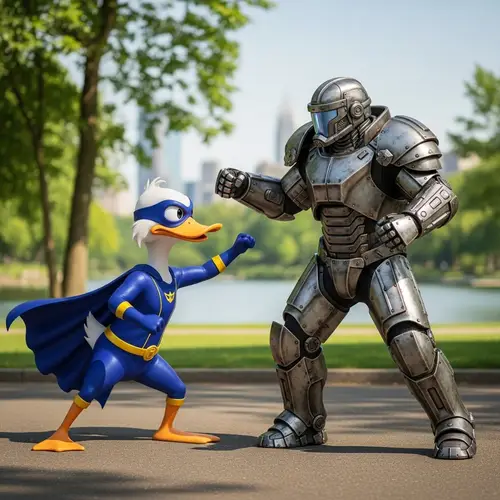 Superhero Duck vs. Armored Figure Battle in City Park