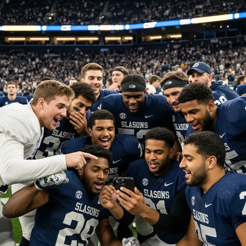 Football Players Celebrating in Stadium with Mobile Phone