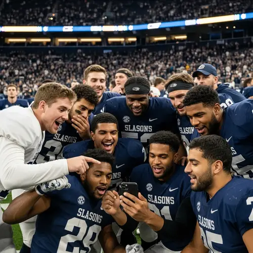 Diverse Football Players Celebrating in Stadium with Mobile Phone