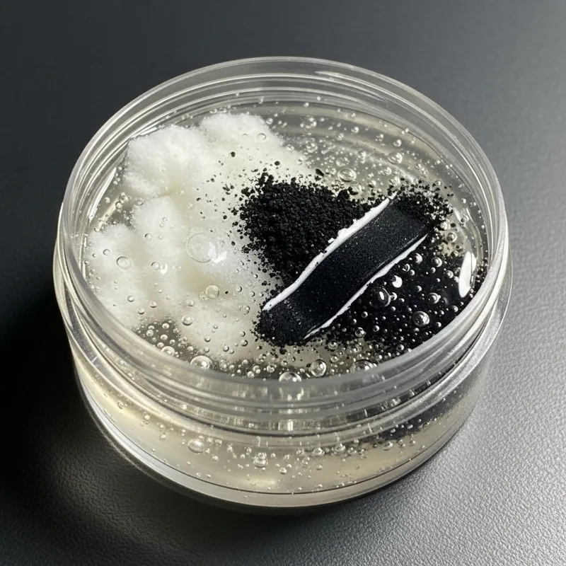 Radiant White Fluffy Substance and Coal-Black Dust Blend