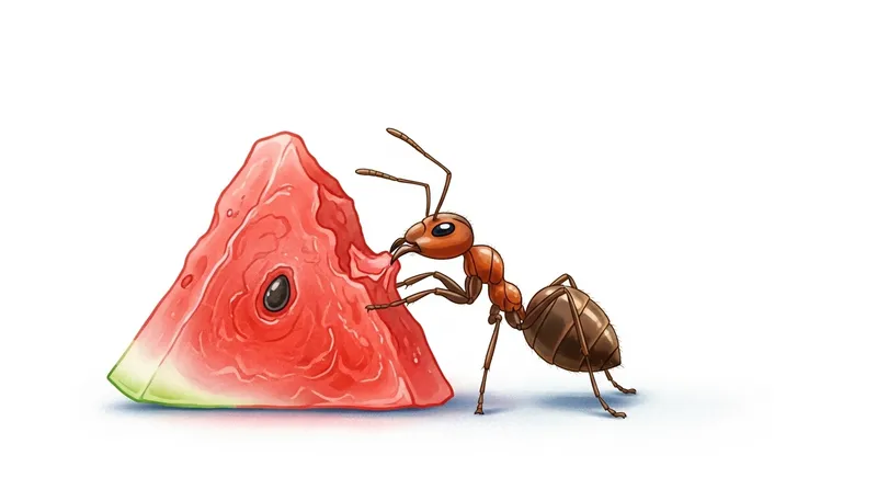 Whimsical Ant Illustration Nibbling Watermelon
