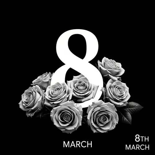 Number 8 surrounded by roses in black and white