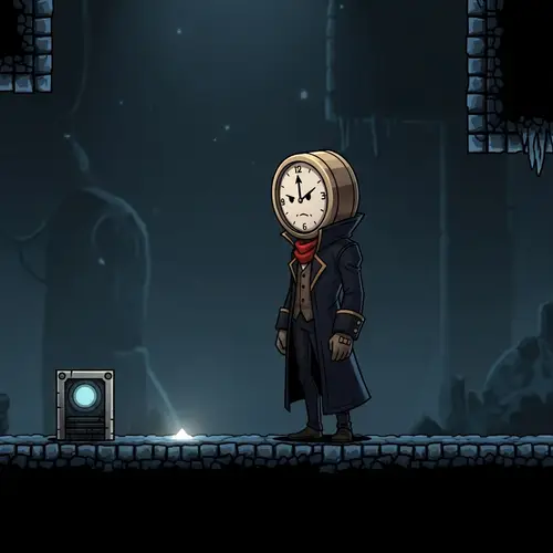 Unique Clock-Head 2D Character in Dark Platformer Game