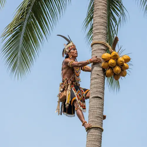 Dayak Warrior Scaling Coconut Tree | Traditional Indonesian Garb