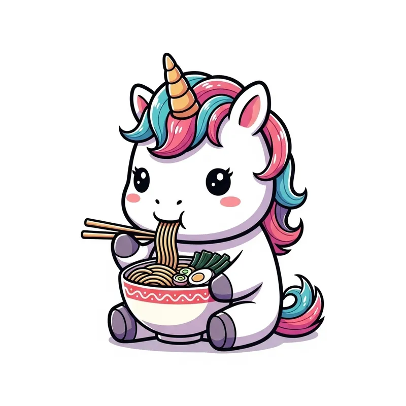 Kawaii Unicorn Eating Ramen, Vibrant Colors, Clear Stroke Outline