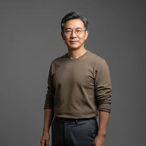 Confident East Asian Man in Stylish Glasses