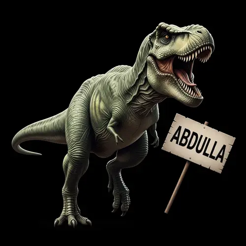 Imposing Green T-Rex Roaring with ABDULLA Sign