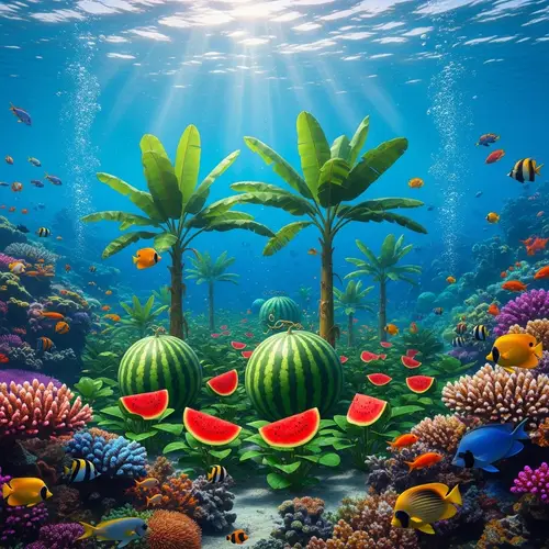 Underwater Watermelon and Banana Tree Scene | Coral Reef & Colorful Fish