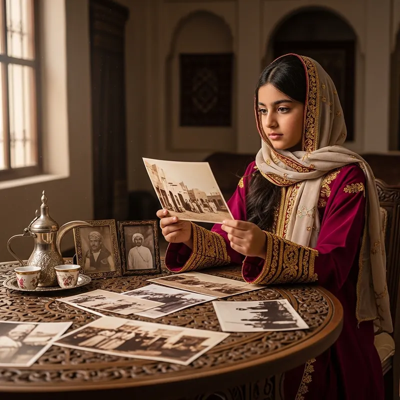 Qatari Girl in Traditional Attire Showcasing Vintage Photos
