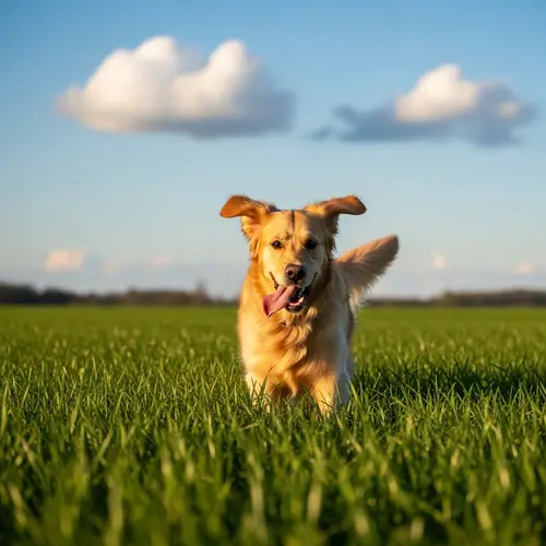 Playful Golden Retriever Running in Sunlit Field