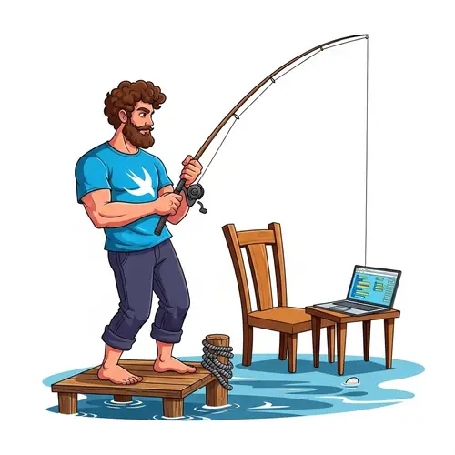 Russian Fisherman in Swift T-shirt Fishing with MacBook Pro on Pier