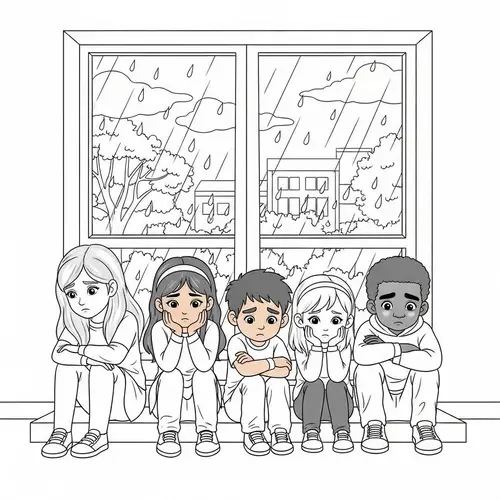 Sad Students Rain Coloring Page
