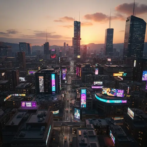 Futuristic City Scape at Sunset - Cyberpunk Urban Landscape