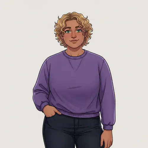 Imaginary Person Illustration with Green Eyes and Curly Blonde Hair