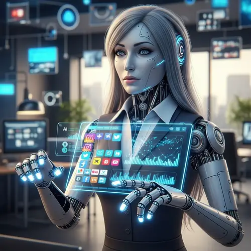 Futuristic Female Robot Social Media Manager with Interactive Touchscreen Display