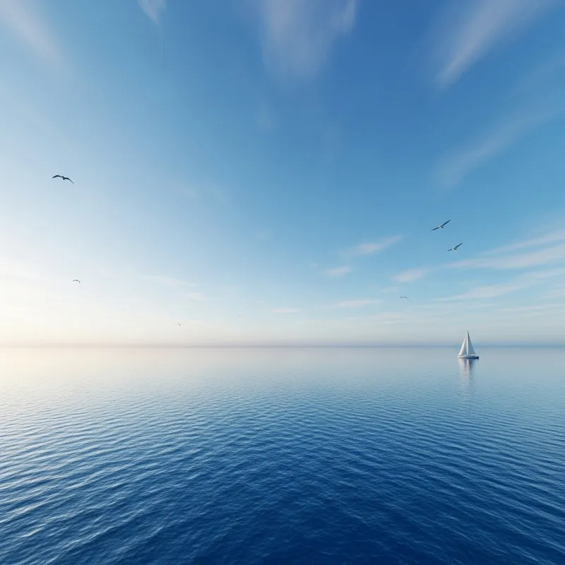 Tranquil Seaside Sunset Scene with Boat and Seagulls