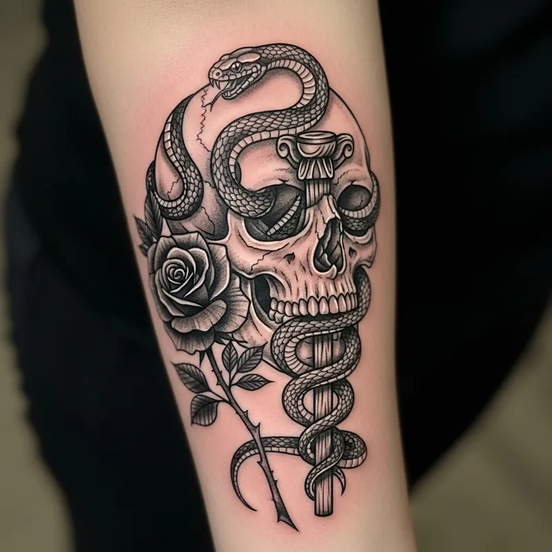 Skull and Snake Tattoo with Black Rose
