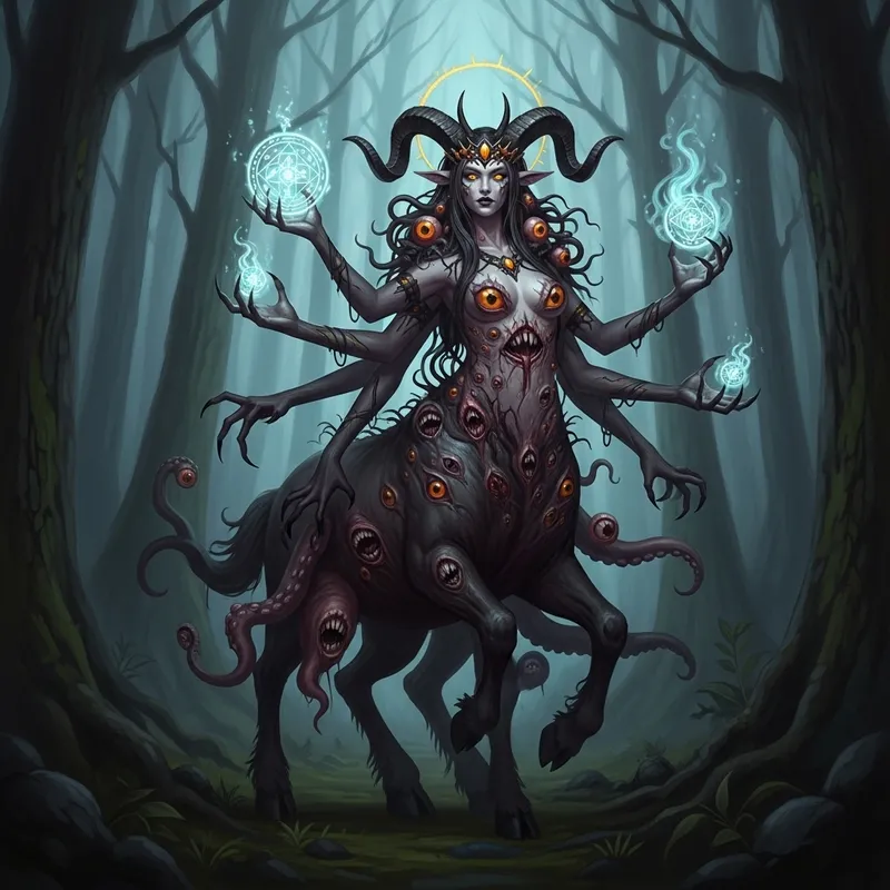 Powerful Female Centaur in Dark Forest: Haunting Figure of Beauty and Mystery Powerful Female Centaur in Dark Forest: Haunting Figure of Beauty and Mystery