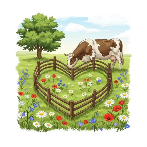 Gentle Cow Grazing in Vibrant Meadow | Whimsical Garden Scene