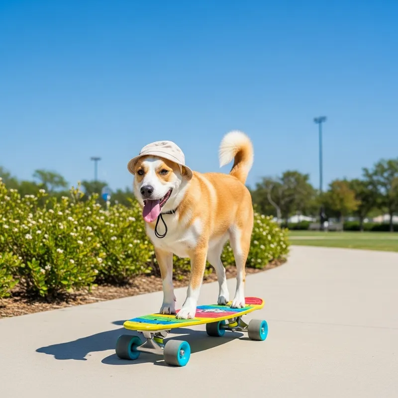 Playful Dog Skateboarding in Stylish Hat - Sunny Park Adventure