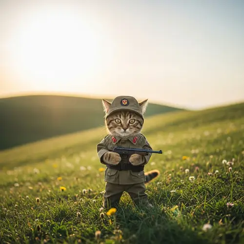 Military Cat with Toy Gun on Grassy Hill