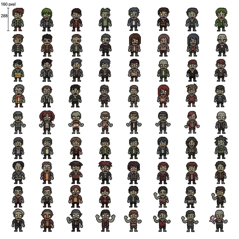 Pixel Art Zombie Characters Sprite Sheet | 160x288 px