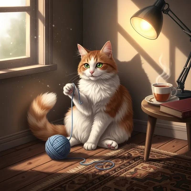 Playful Cat in Cozy Room with Yarn Ball