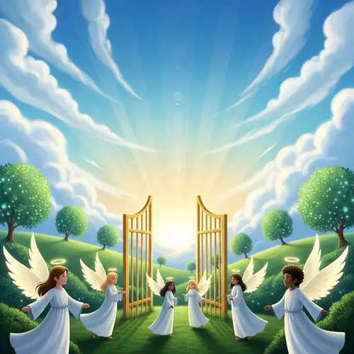 Tranquil Heaven: Ethereal Digital Art with Azure Sky and Golden Gates