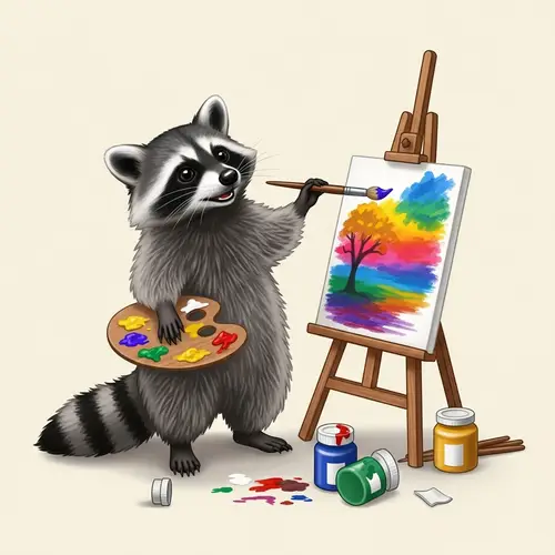 Playful Raccoon Painting a Colorful Landscape - Wildlife Art