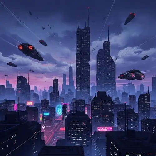 Futuristic Cityscape Nightscape | Cyberpunk Skyscrapers & Flying Vehicles