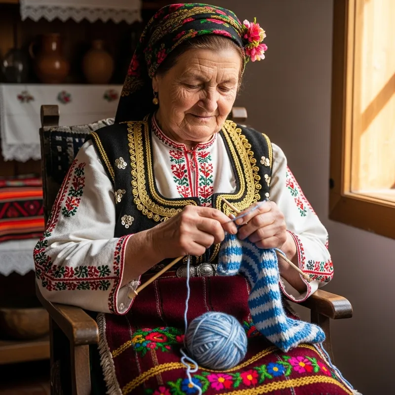Bulgarian Granny Knitting in Traditional Attire